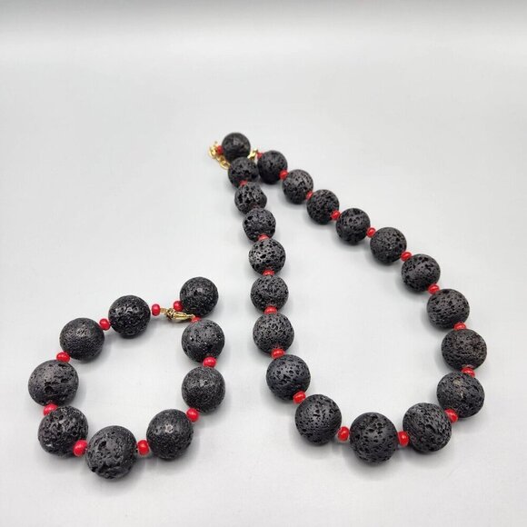 Lava Rock Necklace & Bracelet Set 18" + 3" Red Spacer Beads Lobster Clasp - Picture 1 of 10